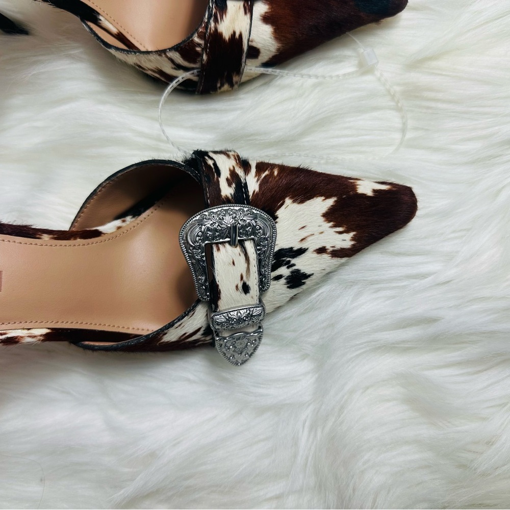 Steve Madden Brown White Cow Print Pointed Slingback Heels with Silver Buckles - Picture 2 of 12